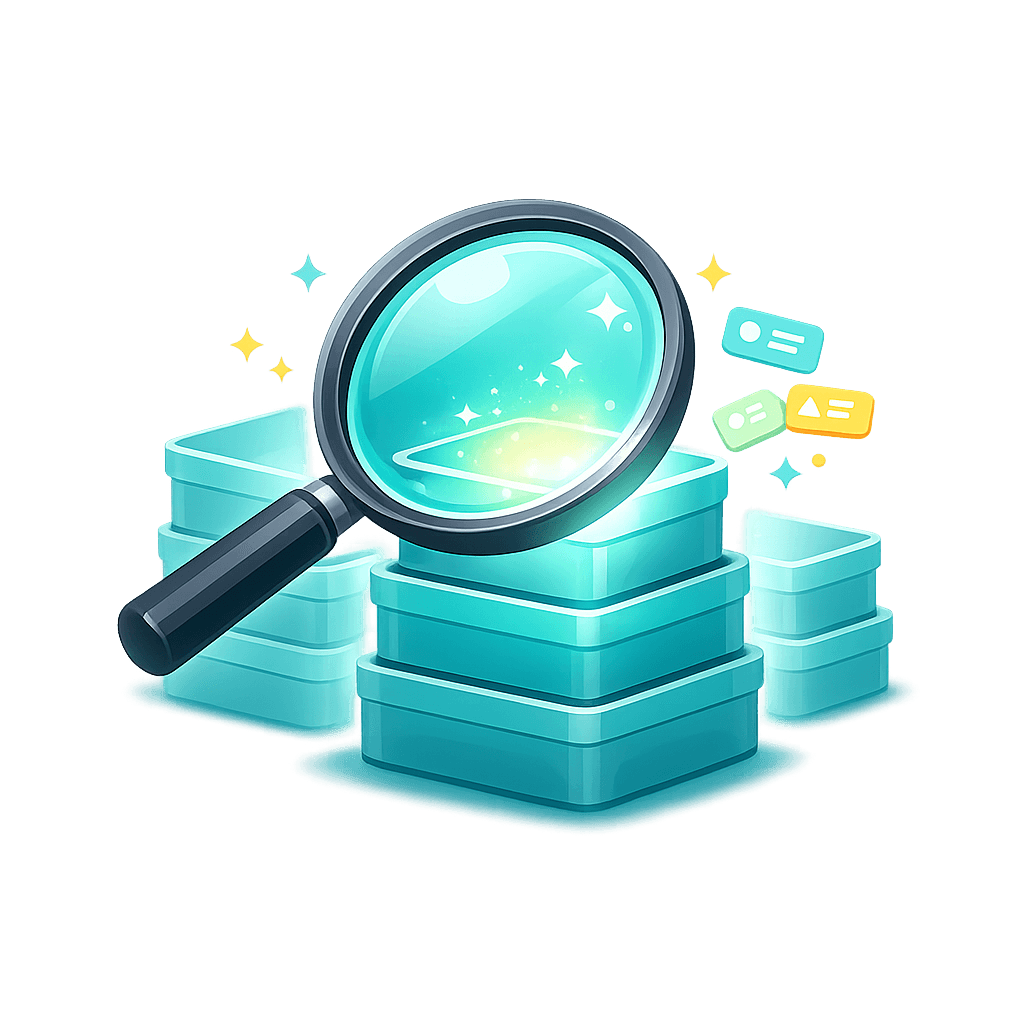 Magnifying glass over a row of labelled boxes with search highlights