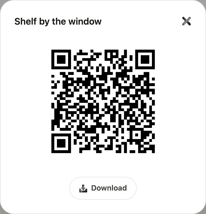 AllKeep वेब ऐप में एक बक्से का QR लेबल, Download बटन के साथ