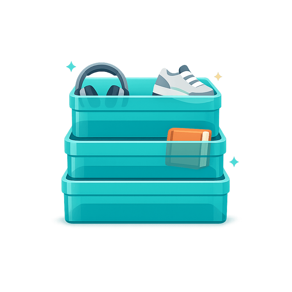 Stack of teal storage boxes with shoes, headphones and a phone tucked inside