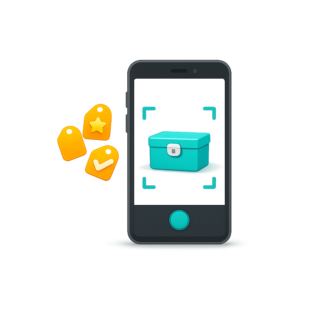 Phone camera framing a teal storage box with auto-suggested category tags