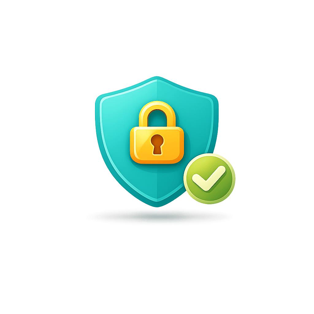 Padlock on a teal shield with a green checkmark indicating encrypted storage