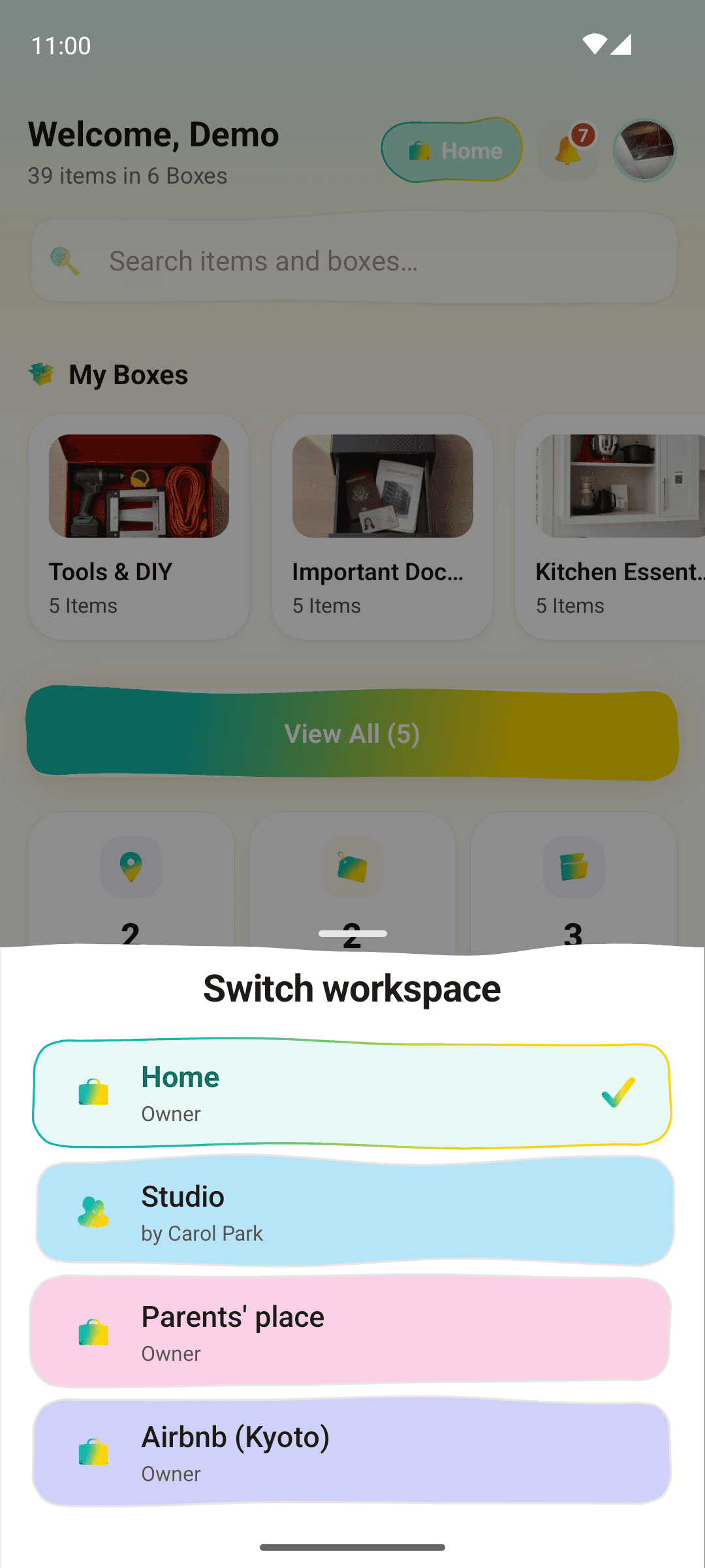 Workspace switcher showing several active workspaces